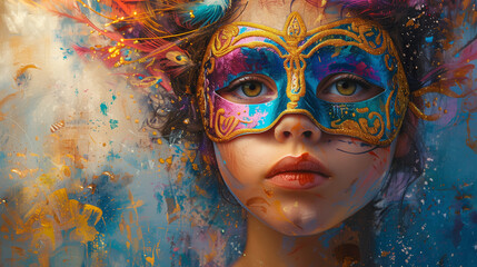 Girl wearing colorful carnival mask at party .