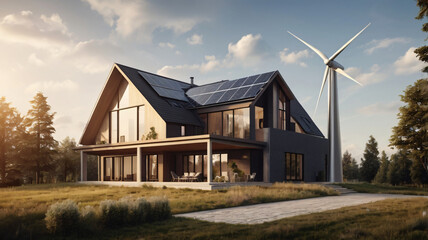 Obraz premium house with solar panel, electric energy, wind energy, renewable, blurred background for text