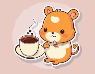 Sticker with a cute character with a cup of tea. Cartoon vector color illustration

