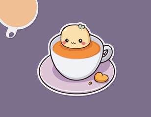 Sticker with a cute character with a cup of tea. Cartoon vector color illustration
