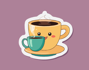 Sticker with a cute character with a cup of tea. Cartoon vector color illustration
