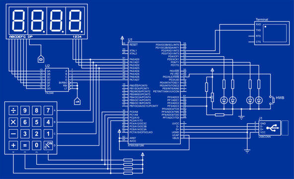 Vector electrical schematic diagram of digital usb
information output device,
operating under control of microcontroller.
Electronic drawing with integrated circuit, 
lcd display, resistor, keypad.
