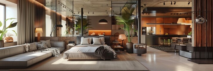 Exclusive design studio apartment interior with stylish partition separating bedroom and living room