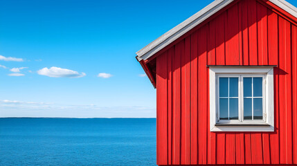 Bright red wooden house or cottage and blue sea in Sweden on a sunny summer day