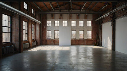 A spacious loft with an industrial vibe, featuring white walls, exposed beams, a large window, and a blank canvas standing ready for innovative design presentations.