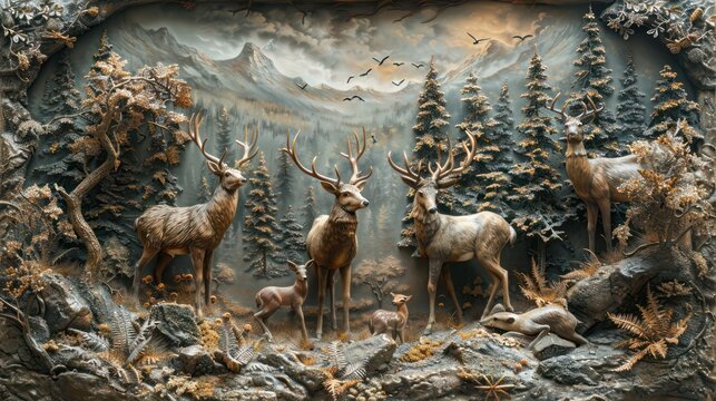 3D relief mural wallpaper with playful woodland creatures and fantasy elements. mural wall art oil painting	