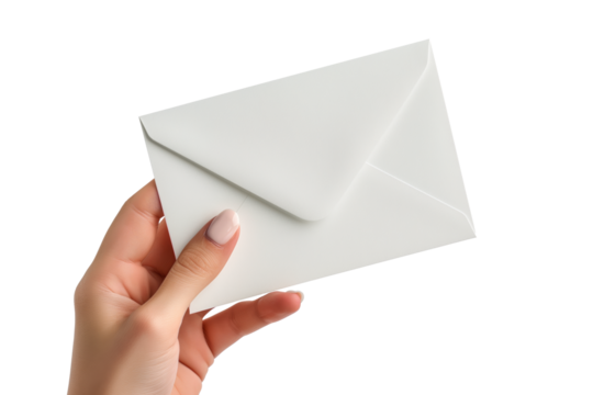 Woman's hand holding a blank envelope, front side to the camera