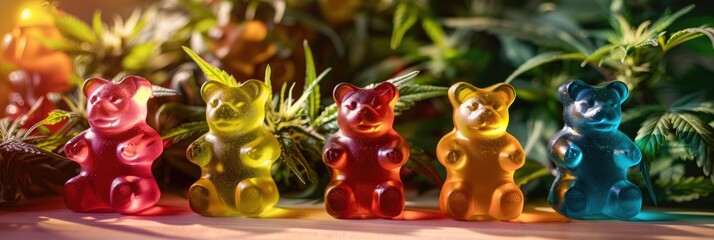 Naklejka premium Gummy bears infused with medical cannabis close up of colorful marijuana edible sweet jelly candy with selective focus Delicious homemade treat for recreational enjoyment
