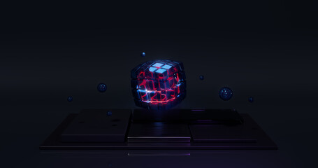 An abstract technological glass cube, divided into many small, equal parts, glows with red light at the center, shining through the blue-tinted glass. The cube rests on dark black plates that reflect 