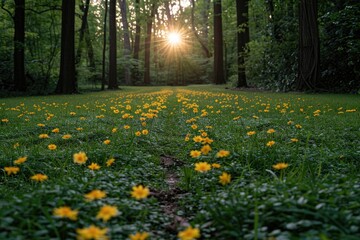Obraz premium Sunlit Forest Path with Yellow Flowers