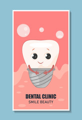 Dental clinic poster. Tooth on veneer. Health care and medicine, treatment. Dentistry and stomatology. Cover or banner for website. Flat vector illustration isolated on blue background