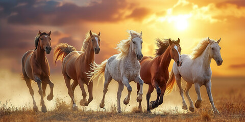 Obraz premium Five Horses Running at Sunset Through a Field.
