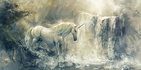 A white unicorn stands by a waterfall.