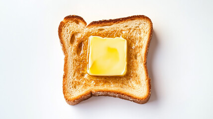 Simple image of a slice of toast with a melting pat of butter on a white background