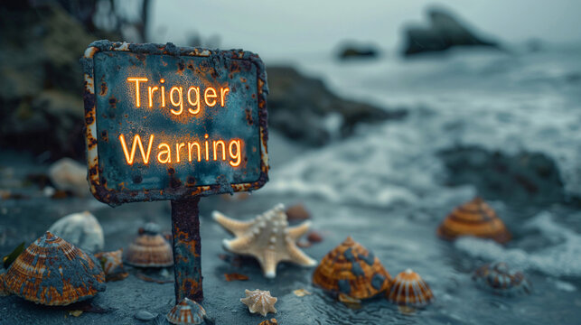 A rustic sign marked trigger warning stands amidst various seashells by the shoreline during twilight, suggesting caution in the serene coastal setting