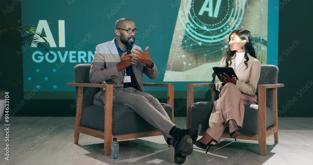 Aufkleber Conference, business people and speaker with host at stage for question, talk and speech at startup. Guest, technology and event at seminar for presentation on ai governance, policy and future rules