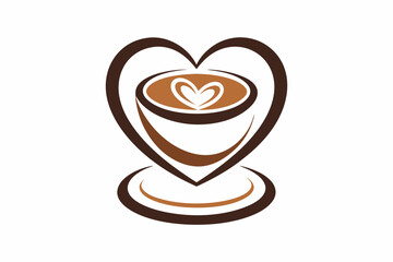 Coffee Cup Heart Logo - Latte Mug Icon, Love Cappuccino Emblem, Espresso Hot Drink Symbol - Perfect for Cafe, Seafood-Themed Designs - Vector Line Art and Silhouette Illustration