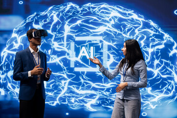 IT specialist coding in modern lab using VR tech, programming artificial intelligence computing...