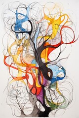 an abstract painting with a large central form that resembles a tree or a branching structure. It has a vibrant color palette, The painting has a dynamic and energetic feel, with the lines and shapes 