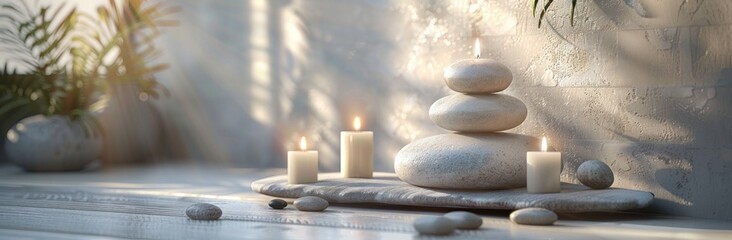 Obraz na płótnie Canvas Zen Stones and Candles in Serene Sunlight