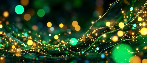 Green Sparkles, Glittering lights and bokeh, Enchanting night scene.