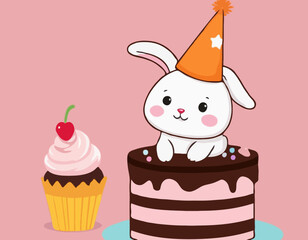 Little bunny with party hat sitting on chocolate cake
