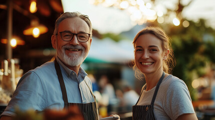 Waiter and a waitress are posing for a portrait, smiling and wearing matching aprons, symbolizing teamwork