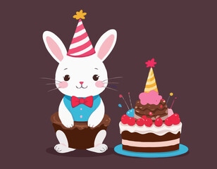 Little bunny with party hat sitting on chocolate cake
