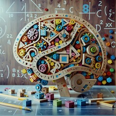 Naklejka premium Cerebro de madera, con símbolos de física y matemáticas. De fondo un pizarrón. Colorido y creativo. Abstracto. Representa la unión de la física y matemáticas con las neurociencias. 