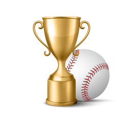 Vector 3d Realistic Metal Yellow Golden Champion Cup and Baseball Set, Isolated. Championship Trophy Design Template for Sports Concept, Front View