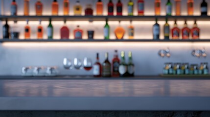 Bar concept with attractive bokeh shelves and gray tabletop showcasing alcohol bottles.