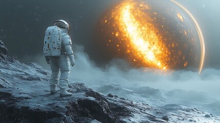 Obraz premium Lone Astronaut Standing on Tropical Moon Gazes at Giant Ringed Planet in Far Distance