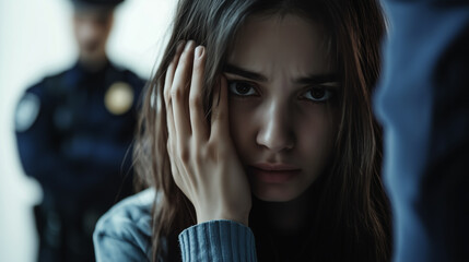 Young woman is covering her face with her hands while a police officer is standing in the background