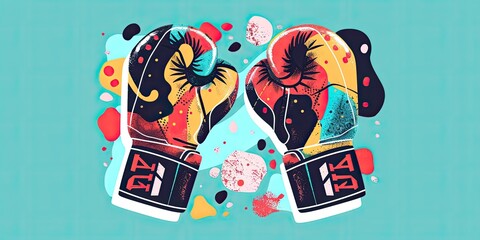 Colorful boxing gloves on a turquoise background.