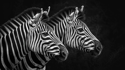 Naklejka premium Two zebras stand side by side in monochrome image, one gazes directly ahead while the other looks towards the lens