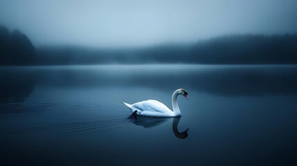 Solitary Swan Gliding on Dark and Gloomy Lake Waters