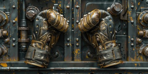 Two steampunk boxing gloves on rusty metal.