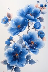  Blue flowers and leaves on white background with flying blue bird in the sky