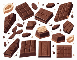 Pieces of natural dark chocolate isolated on white background. ingredients for confectionery
