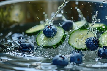   Cucumbers, blueberries, and cucumber slices are washed in a metal bowl