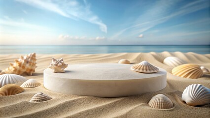 Obraz premium Podium with smooth surface adorned with seashells and sand, perfect for summer events, podium, smooth surface, summer