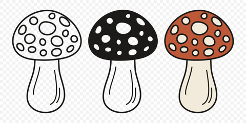 Flat Vector Hand Drawn Cartoon Fly Agaric Mushrooms Outline Illustration. Amanita Muscaria, Fly Agaric Illustration, Mushrooms. Magic Mushroom Icons, Design Template