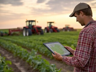 A photograph of a farmer using a digital map on a tablet to plan crop rotation in a precision agriculture field, with GPS-guided tractors