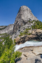 Aerial view of Nevada Fall waterfall on Merced River from Mist trail in Yosemite National Park. Summer travel holidays in California, United States