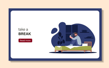 Mobile phone gadget addiction poster. Man sits on bed and looks at smartphone screen. Social media addiction. Mental and psychological problems. Flat vector illustration isolated on beige background