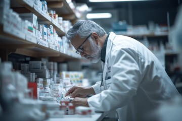A photograph of a pharmacist preparing medication in a pharmacy, with shelves of medicines and focus on precision