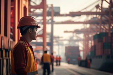 A photograph of a shipping crew unloading cargo containers at a busy port, with focus on global logistics and teamwork