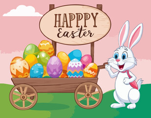 Greeting Easter card. Easter bunny with an easter egg cart with a wooden sign wishing you a happy Easter