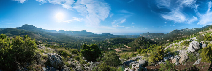 Fototapeta premium Panoramic Mountain View of Gioura Island with Rolling Hills and Clear Blue Sky