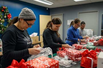 Volunteers Wrapping Holiday Gifts Together at Community Center in December
